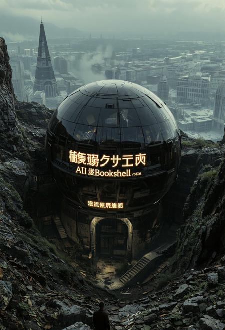 fully enclosed spherical building, levitating partially buried underground, sci-fi architecture, glowing neon sign "Humankind Datastorage AI Bookshell", post-apocalyptic environment, overgrown ruins, scorched earth, broken technology, desolate cityscape in background, mysterious atmosphere, cinematic lighting, dramatic shadows, concept art, ultra-detailed, 8k