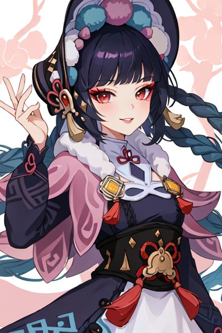 best quality, masterpiece, highres, solo, {yun_jin_genshin:1.15}, bangs, blunt_bangs, long_hair, red_eyes, black_hair, bonnet, smile, capelet, vision_\(genshin_impact\), tassel, pink_capelet, purple_hair, makeup, closed_mouth, 1girl, dress, fur_trim, lolita_fashion, long_sleeves, eyeshadow, looking_at_viewer, braid, parted_lips, upper_body