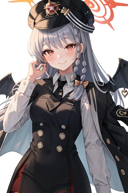 best quality, masterpiece, highres, solo, {haruna_bluearchive:1.15}, red_eyes, halo, braid, smile, wings, bangs, long_hair, grey_hair, blush, breasts, bow, white_hair, hair_bow, 1girl, black_headwear, black_necktie, collared_shirt, hat, jacket, necktie, shirt, simple_background, single_wing, white_background, white_shirt, demon_wings, jacket_on_shoulders, long_sleeves, military_hat, side_braid, upper_body