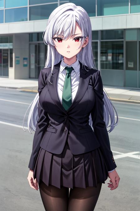 <lora:more_details:0.5>, <lora:shizuka-nano-09:0.7>, nano_wz, red eyes, white hair, long hair, green necktie, black jacket, miniskirt, pleated skirt, collared shirt, long sleeves, white shirt, school, pantyhose, black pantyhose,  large breasts, cowboy shot, looking at viewer, serious, outdoors,, 1girl, (masterpiece:1.3), (high resolution), (8K), (extremely detailed), (4k), (pixiv), perfect face, nice eyes and face, (best quality), (super detailed), detailed face and eyes, (solo), textured skin, absurdres, highres