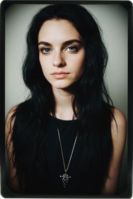 27 year old ethereal beauty, long black hair, (blaxk metal style), shot on polaroid