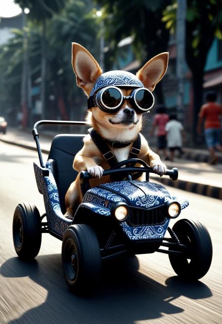 (Made of Indonesian Batik:1.3), from side, closeup cute small 4WD buggy Made of Indonesian Batik, chihuahua driving, (wear round goggles:1.2), wear animal ears helmet, run through on city road, Dust, cinematic, cinematic lighting, (masterpiece, best quality:1.4), ultra-high res, 4k, Photorealistic, insanely detailed, sfw,