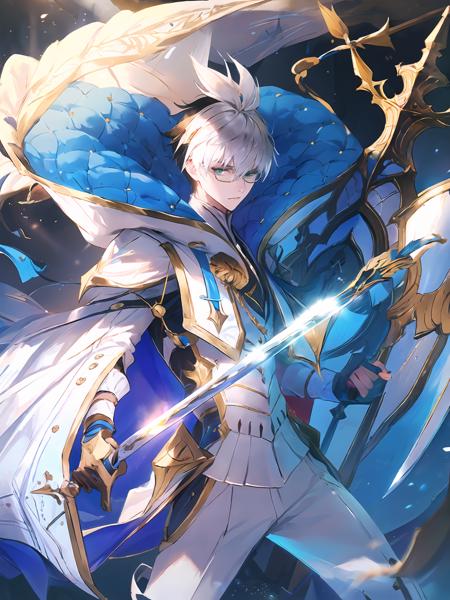 masterpiece,best quality,highres,cinematic lighting,dramatic angle,1boy,<lora:ShadowverseWilbertV6-000020:0.8>,white hair,two-tone hair,black hair,glasses,green eyes,white suit,ribbon,cape,(holding sword:1.4),(holding shield:1.35),looking at viewer,serious,dynamic angle,one knee