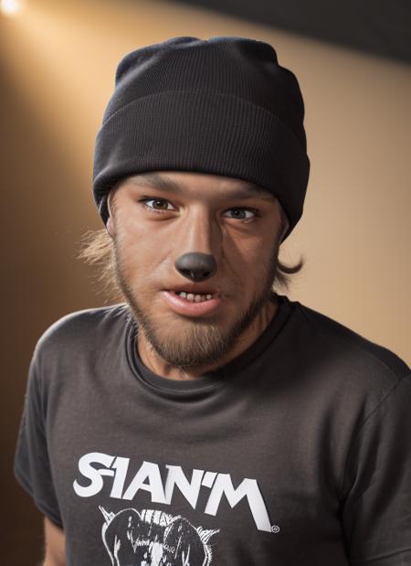 twm1, one man, furry man as a Skater: Graphic T-Shirt, Baggy Jeans, Skate Shoes, Beanie Hat, 1man, solo, epic (photo, studio lighting, hard light, sony a7, 50 mm, matte skin, pores, colors, hyperdetailed, hyperrealistic), (simple background)
<lora:TheWolfMan:1>