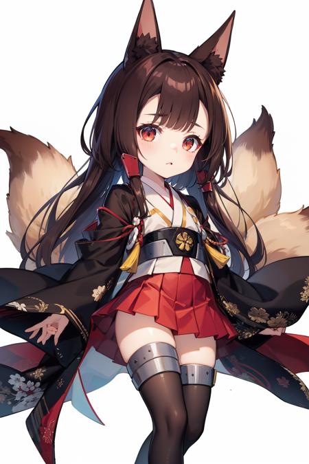 <lora:akagi-08:1>akagi(azur lane), animal ear fluff, 1girl, red skirt, japanese clothes, brown hair, animal ears, white background, multiple tails, long hair, brown tail, fox tail, thighhighs, black kimono, kyuubi, kitsune, skirt, solo, red eyes, fox girl, looking at viewer, tail, fox ears, open kimono, pleated skirt, open clothes, chibi, kimono