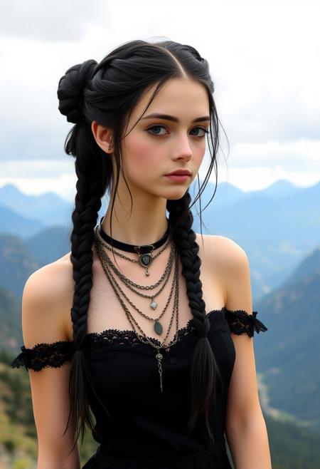 a girl with dark hair braided into two high buns, from which long strands fall. her skin is light. She is dressed in a black dress with open shoulders, decorated with lace. Around her neck are several chains and a choker. The background is a landscape with mountains and valleys under a cloudy sky.mountains