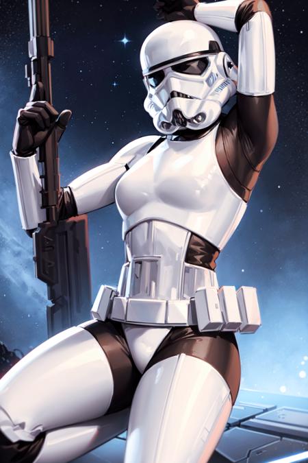 storm trooper, helmet, white armor, science fiction, star wars, pose, dragonslayer \(sword\), holding_sword, 1girl, solo, breasts, petite