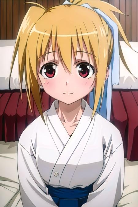 (1girl), masterpiece, best quality, absurdres, cute, extremely detailed face, perfect lighting, (bedroom), chiba kirino, blonde hair, ponytail, hair bow, <lora:model-BambooBlade-Chiba_Kirino:0.8>, japanese clothes, hakama,