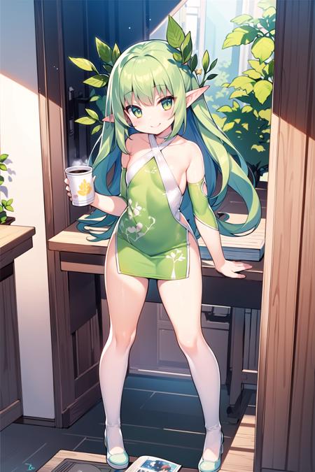 masterpiece, best quality, (ultra detailed sharp focus illustration: 1.2) 1girl, solo, desk, oversized object, minigirl, book, cup, pencil,looking at viewer, standing, full body, pointy ears, bare shoulders, light green tight dress, groves leaf print, smile,