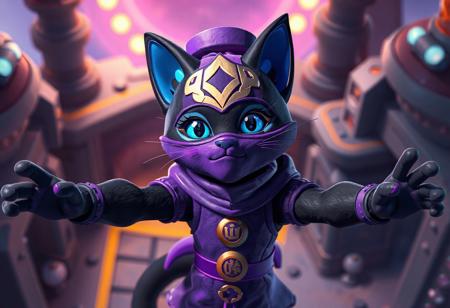Lunalight Blue Cat, black fur, purple masked face, purple outfit, hat. Catapult Zone backdrop. Arms outstretched. Isometric, dynamic pose. Matte painting, splash ink, octane render, Unreal Engine 5, Raphael style, Houdini style. Captivating light, vivid emotion, joyful impact. Detailed eyes. CGSociety, Artstation trending, golden ratio, 4k, high-res.