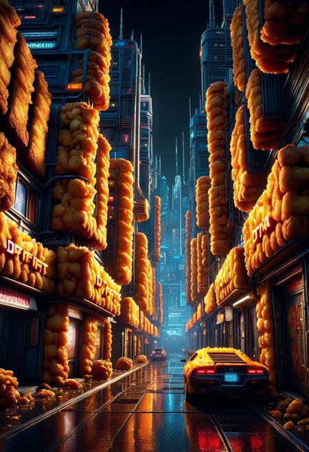 Ultrarealistic. sharp focus, dynamic lighting. play of light, Raytracing, Ultra detailed. (((DFC Style))). Far away shot of a cyberpunk city made of deep fried & crispy breading at night.