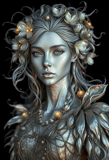 Silver statue of a woman, her skin composed of delicate, textured silver flakes, with chrome and glass flowers intricately woven into her hair, her eyes gleaming with a warm, bluish light, wearing a majestic, windy-blown ornate gown with tattered, silver petals, reminiscent of a dark, dystopian world, her face and shoulders illuminated by a soft, ambient glow, as if radiating an otherworldly energy, in the styles of Royo's dark, mystical realism, Artgerm's hyper-detailed, metallic sheen, and Lovecraft's eerie, atmospheric tension, with meticulous attention to intricate textures, dramatic shading, and a sense of haunting, ethereal beauty.