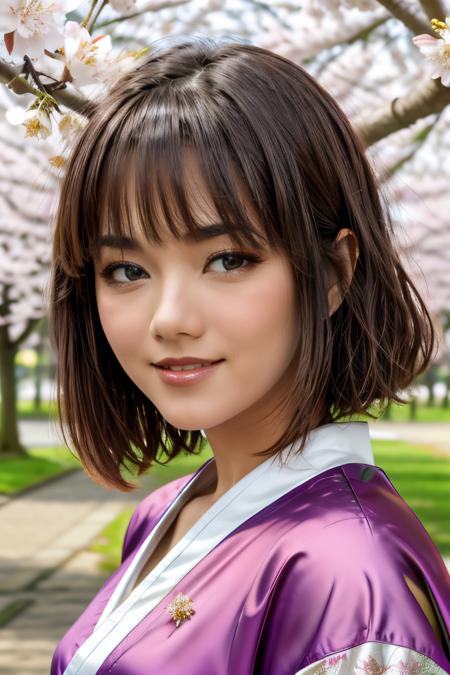 <lora:ThaidollArunee_v1A:0.8>1girl, thaiarunee,high quality, 8K Ultra HD, high detailed, (best quality:1.2, masterpiece, absurdres, ultra detailed, realistic, reality), 1girl, kawaii, bishoujo, black eyes, silver hair, short hair, small breasts, pink kimono, hair_ornament, light smile, cherry blossoms, park, in spring, available light, upper body, (face close-up:1.1),