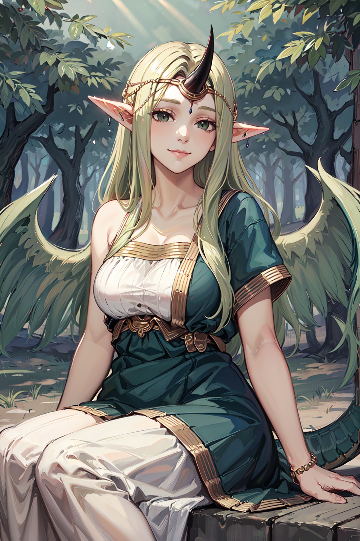 ,seductive smile,closed mouth,<lora:milaV1:0.8>,mila, single_horn,tail, wings, jewelry, dress, dragon tail, green wings, b...