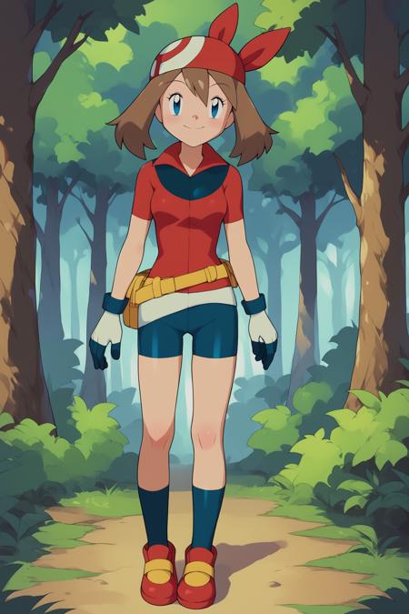 MayPXL, blue eyes, brown hair, short hair, hair between eyes, red bandana, small breasts, red shirt, short sleeves, gloves, white skirt, blue shorts, blue socks, red shoes