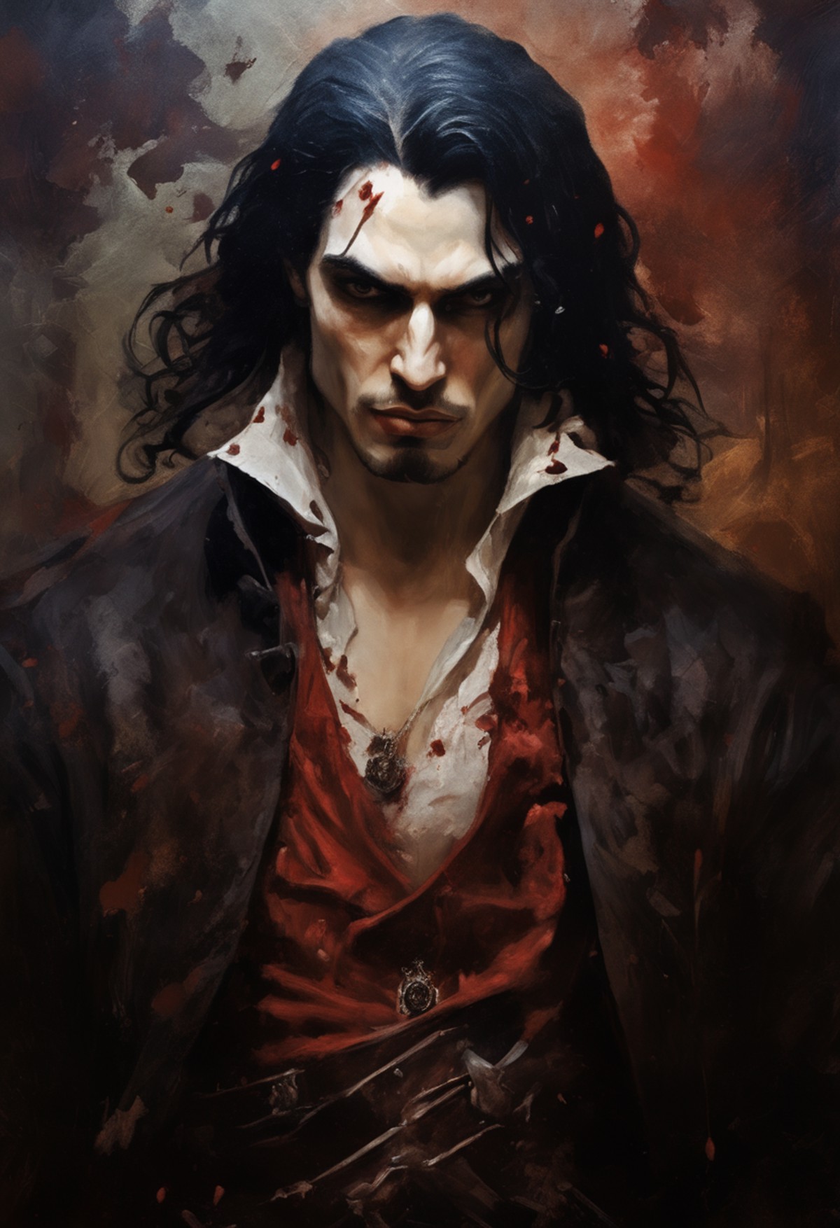 splatter style character painting of medieval Dracula, vampire, glowing eyes, long wavy dark hair, mouth open, fangs, bloo...