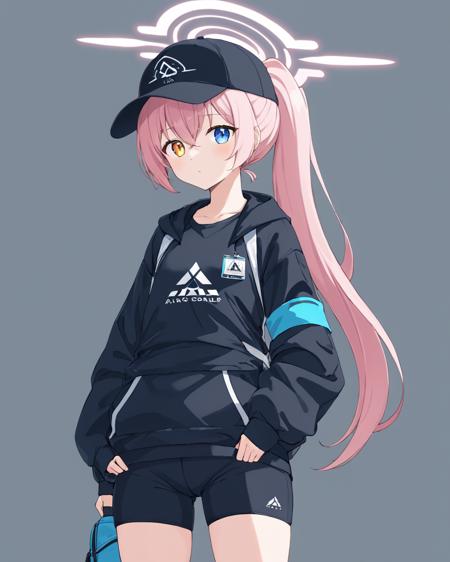 hoshino \(blue archive\),1girl, heterochromia, solo, halo, black_headwear, baseball_cap, looking_at_viewer, closed_mouth, black_shorts, long_sleeves, bike_shorts, fanny_pack, alternate_costume, black_jacket, ponytail, side_ponytail, short_shorts, hands_in_pockets, grey_background
<lora:hoshino_(blue_archive)_image2619_2023-11-27-000006:1>halo. gorgeous,key visual, vibrant, studio anime,award-winning, professional, highly detailed,high budget, cinemascope