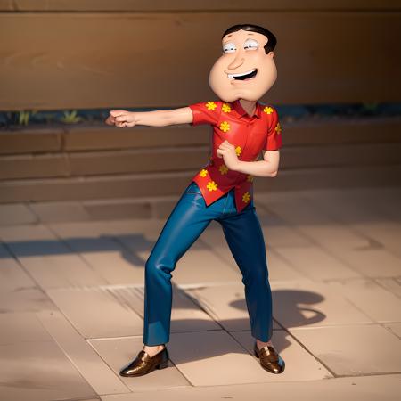 ((masterpiece, best quality)),(complex light), quagmire, solo, shirt, 1boy, standing, full body, short sleeves, collared shirt, red shirt, blue pants, <lora:TheGooder_quagmire1-1:0.8>,brown shoes, fighting stance, big chin,