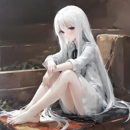 1girl, white hair, sitting,