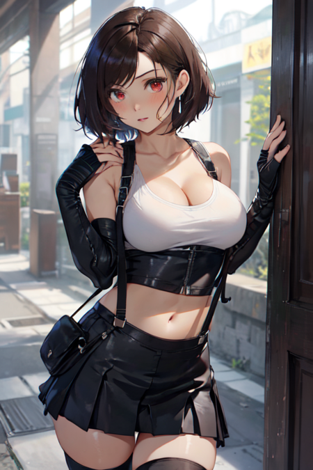 ShortHairTifa, 1girl, solo, short hair, large breasts, brown hair, red eyes, black gloves, navel, cleavage, bare shoulders, jewelry, collarbone, pleated skirt, elbow gloves, midriff, black thighhighs, miniskirt, fingerless gloves, black skirt, white tank top, skindentation, swept bangs, suspenders, suspender skirt, taut clothes, dangle earrings