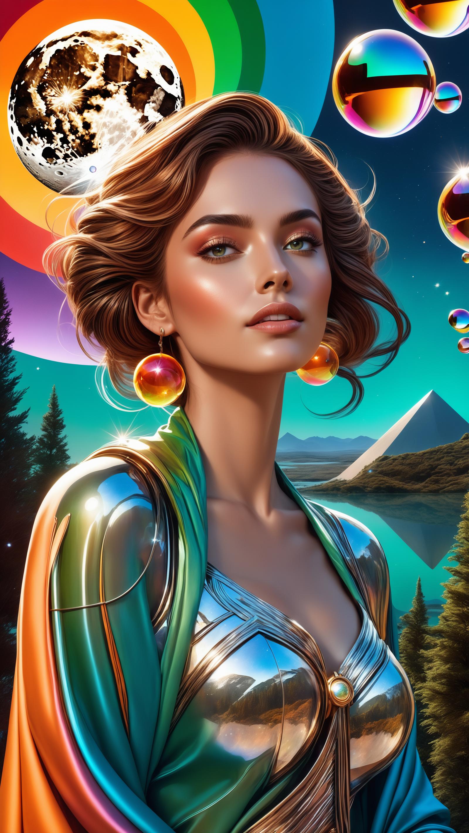 Artistic Illustration of a Woman with Colorful Earrings and a Green Scarf, Set Against a Backdrop of Rainbow Colors
