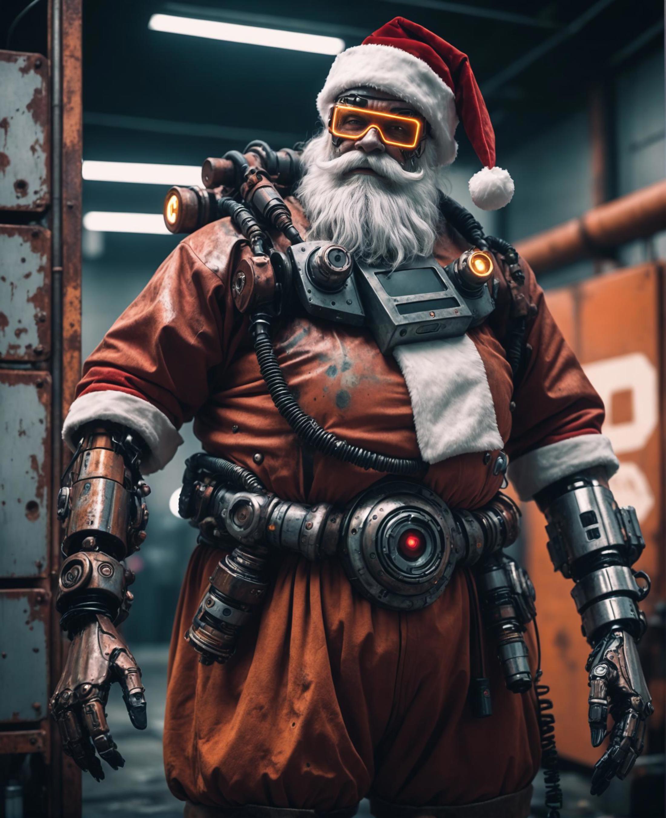 A robot dressed as Santa Claus wearing a Santa hat and goggles.
