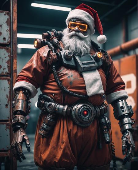 cyborg santa, cyberpunk, rust, epic, Fujichrome Provia 100F, F/8, RTX, photolab