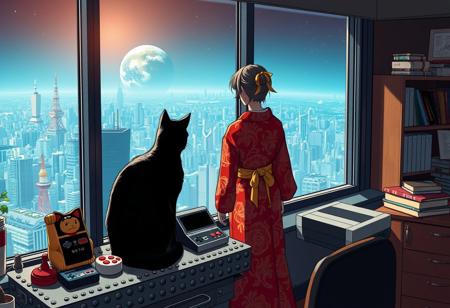 Jiji the cat from Kiki's Delivery Service sits on a cluttered metal riveted desk next to a maneki neko statue and a small Nintendo NES, Jiji is looking out of a floor to ceiling window that looks out at a very high view from an apartment on the 150th floor of a futuristic Tokyo skyscraper, the year is 2150,  (((Kiki from Kiki's Delivery Service, 20 years old, is standing next to the cat looking out at planet below))), Kiki is dressed in an ornate Japanese style bath robe.  The woman's hair is messy from just waking up and tied up with a ribbon. Artistic cyberpunk, dynamic perspective, The focus is on Jiji and Kiki standing together looking out the window at the view together,