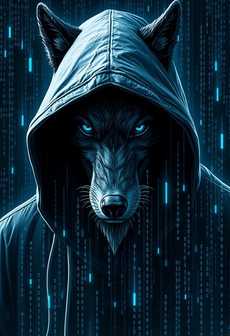 hooded anthropomorphic man-wolf, in a Matrix-style digital world, surrounded by flowing binary code. Add blue glitch effects for a striking, surreal look. Blend in geometric patterns for complexity, Matrix digital rain