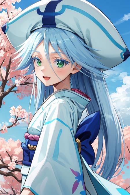 masterpiece, best quality, <lora:kuroageha-nvwls-v1-000009:0.9> kuroageha, green eyes, blue hair, aqua hair, very long hair, blue hat, blue kimono, sash, cherry blossoms, from side, walking, :D, blue sky