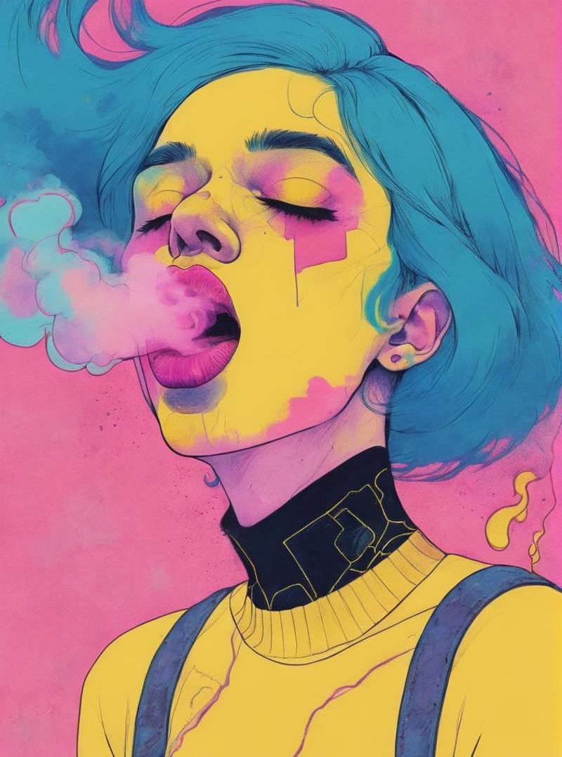 A woman with blue hair blowing smoke out of her mouth.