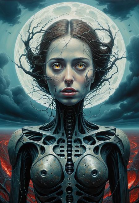 waist up, portrait painting  , dystopian surrealism, deathly fantastical  Nightmare ,Fusion of Nature and Technology, nightmarish, facing camera, Riley Reid, woman,  dynamic pose,  in a "ZdzisÅaw BeksiÅski" style painting ,oil on hardboard <lora:rileyreid_SDXL:0.8>