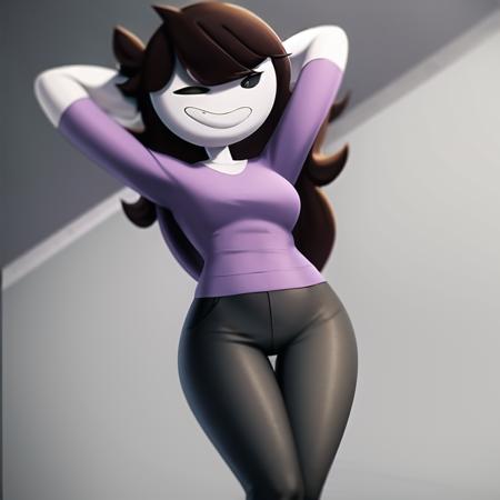 cartoon, brown hair, purple shirt, black pants, masterpiece, ultra hd, absurdres, best quality, solo, full body, standing, hand behind head, white skin, white body, smile