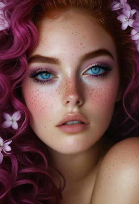 This is a high-resolution, highly detailed photograph of a young woman with an ethereal, dreamy quality. She has light, creamy skin and striking, piercing blue eyes that are wide open, gazing directly at the camera. Her face is covered in tiny, sparkling snow specks, likely a makeup effect, which adds a magical, otherworldly glow to her appearance. Her skin is dotted with freckles, particularly prominent on her nose and cheeks. 
Her long, wavy hair is a vibrant, neon purple, cascading down her shoulders, and adored with tiny lilac blossoms blending into her surroundings.rockabilly style, 1girl, freckles, solo, flower, looking at viewer, pink hair, pink flower, long hair, eyelashes, portrait, 1950's