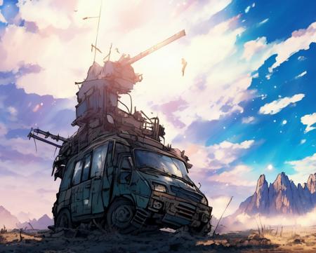 artbytokiame, post_apocalyptic, post apocalypse, (best quality, magical, masterpiece), perfect lighting, sunshine, sun rays, whimsical, trending on ArtStation, trending on pixiv, cgsociety, beautiful composition, symmetrical, [[anime]], ((pale colors, drab, sad, desolate)) ((by yoji shinkawa))