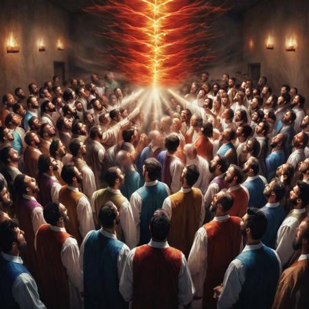 first century, a hundred and more judean apostles of christ , are gathering in a room and the holy spirit come on them looking like  fire-flame tongue, hovering over each of their head, one flame land on each of them. first century Pentecost event.
high-def photography, canon , fujifilm, nikon, mark III, sharp focus