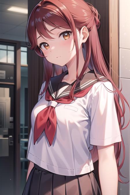 rikosakurauchi, <lora:rikosakurauchi-lora-nochekaiser:1>, 
riko sakurauchi, (brown eyes:1.5), hair between eyes, long hair, (red hair:1.5), (small breast:1.2), 
BREAK grey skirt, neckerchief, pleated skirt, red neckerchief, school uniform, serafuku, shirt, short sleeves, skirt, white shirt, uranohoshi school uniform,
BREAK looking at viewer, 
BREAK indoors, classroom, 
BREAK <lyco:GoodHands-beta2:1>, (masterpiece:1.2), best quality, high resolution, unity 8k wallpaper, (illustration:0.8), (beautiful detailed eyes:1.6), extremely detailed face, perfect lighting, extremely detailed CG, (perfect hands, perfect anatomy),