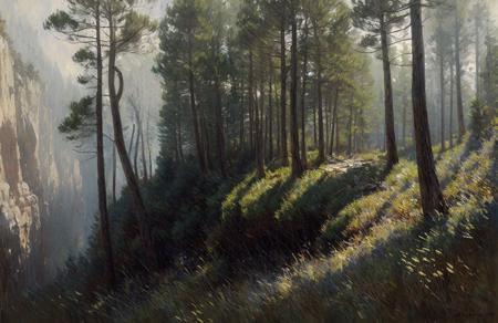 (impressionism:1.05), Cliff/Bluff, pine forest, (jeremy mann:0.7), a painting,scenery,scene painting,