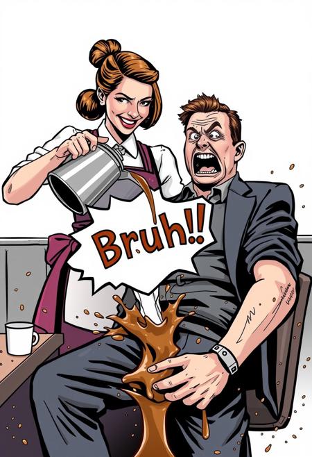 "Image of a waitress pouring a pot of coffee, but instead of aiming for the customer's cup, she's pouring it directly into their lap. The waitress is oblivious, looking away with a cheerful expression, while the customer's face is contorted in shock and disgust. A speech bubble made of steam rising from the customer's lap reads 'Bruh!' in bold, comedic letters. The scene is chaotic and humorous, with coffee splashing everywhere and the customer's clothes getting stained. Style: comedic, exaggerated, and playful, with a focus on capturing the absurdity and surprise of the situation." Absurdres Highest-Quality, 4k