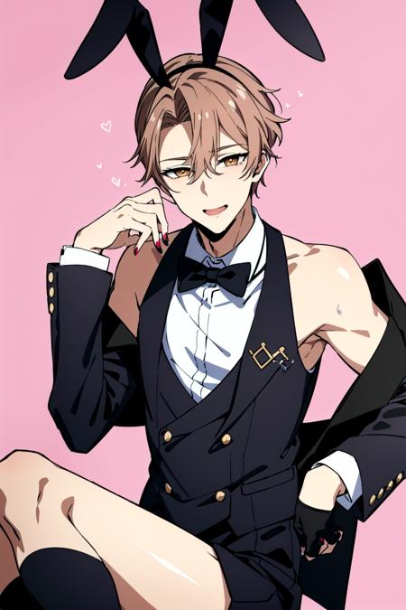 (best quality, masterpiece:1.4), <lora:asmodeus:.75>, asmodeus, 1boy, butler outfit, bunny ears, (seductive look), sexy pose, painted nails, simple background