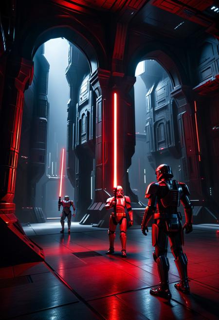 score_9, score_8_up, score_7_up, score_6_up, score_5_up, score_4_up, (absurdres, best quality, masterpiece:1.4), illustration, photorealistic, cinematic lighting, dynamic angle, perfect composition, red and black markings, advanced armor, robotic enhancements, double lightsaber, dark tech, dimly lit fortress, shadows, powerful aura, high-tech environment