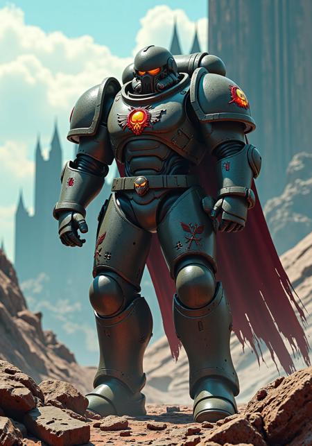 Power Armor Super Warrior stands atop a shattered battlefield, cloaked in a tattered two-toned cape (deep crimson + blackened steel-gray), whipping in the wind. Towering in heavy, brutalist power armor, covered in battle scars, welded plating, glowing vent cores, and glowing cyber etchings. A massive emblem of a hammer crossed with a scythe blazes across the chestplate — a symbol of industrial revolution and vengeance.
Foreground: cracked stone slabs, bullet casings, coiled power cables and broken servo limbs.
Midground: central figure in a heroic stance, clenched gauntlets dripping with oil and ash, helmet visor glowing dim red, breathing unit hissing vapor. Massive pauldrons, spine-linked exosuit pistons, magnetic weapon holsters across the back.
Background: ruined brutalist citadel ruins under a fractured sky. Black smoke pillars and decaying monoliths loom in the distance.
Lighting: strong cinematic rim light from behind in deep orange, mixed with blue underglow from ruins, casting dramatic shadows. Particles float through rays of dying sunlight.
Camera: 50mm lens, low-angle hero shot with shallow depth, subject off-center for dynamic tension.
Color tone: blend of gritty desaturation, steel-gray + blood red, with cinematic teal-orange grade, subtle film grain, smoke layering for atmospheric depth.
Style: grimdark, 8K, ultra-detailed, digital painting, epic wallpaper concept art.
