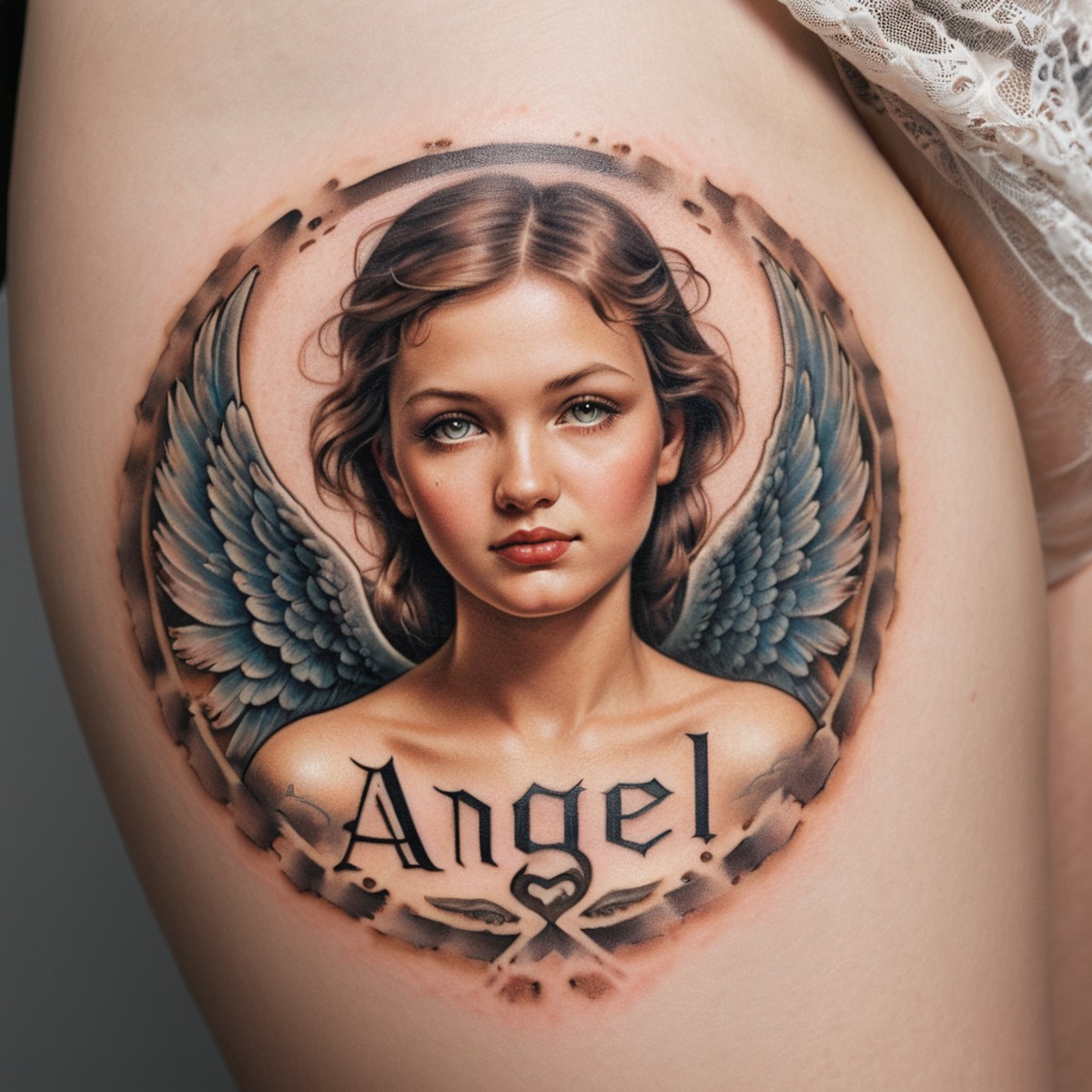 (Angel:1.5) text logo, photograph, old time tattoo on skin, Caucasian woman