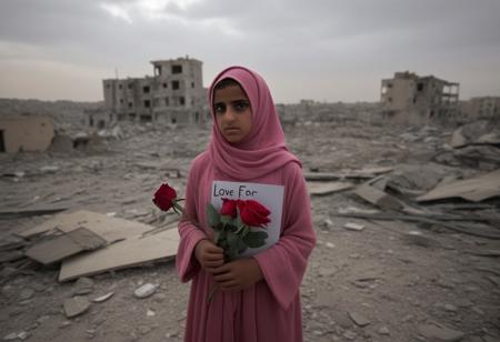 Create powerful, emotionally impactful portraits in a photojournalistic style. The scene shows a young girl in a hijab and pink robe, holding a sign that says "Love For Palestine" and a wilting red rose. The backdrop is a vast, desolate landscape composed of destroyed buildings and war debris, stretching as far as the eye can see. The atmosphere is somber, with muted colors and high contrast to emphasize the emotional weight of the scene. The textures should be very detailed, from the girl's clothes to the surrounding debris. The image should convey a strong humanitarian message, focusing on the resilience and hope of young girls amidst destruction. Rendered in 4K resolution for maximum clarity and impact.