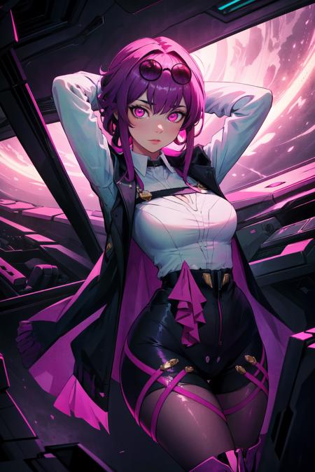 (masterpiece, best quality, absurdres), 1girl, solo, kafka, mommy kafka, pink eyes, glowing eyes, cowboy shot, arms behind head, looking at viewer,<lora:Kafka_V1-mani:0.8>, eyewear on head, long sleeves, purple gloves, white shirt, jacket, purple pantyhose, black boots, spacecraft interior, spacecraft