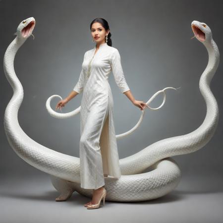 sn4ke, Zoom out image, full body image, indian female with glowinfg flash eyes, kurta and pajama, high heels, she riding Great white snake, great white snake navigating in milk.