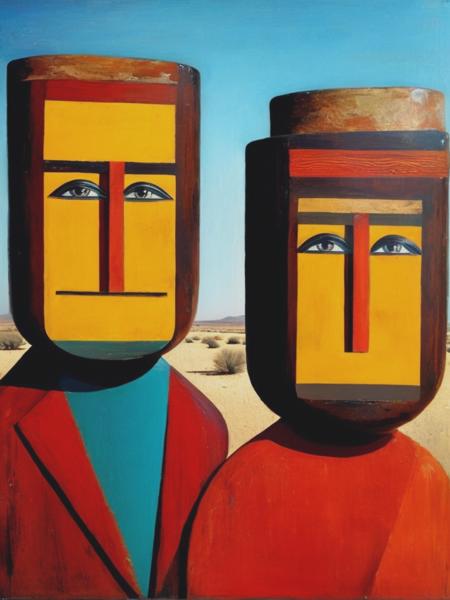 <lyco:SidneyNolan:1.0> a painting showing two wooden characters with faces, in the style of sidney nolan, tom chambers, desertpunk, 1970 aesthetic