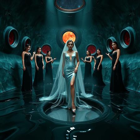 high-society elegant slender norvegian  rich   innocent young bride wearing   glossy silver high heels and glossy transparent slime  high slit wedding gown with matching long veil. She posing  in center of the floor hole, filled with glossy black slime, surrounded by arrogant ladies wearing elegant black gowns and high heels, pulling her toward  giant slime covered glossy red foil breeding  pillow, eerie fog that wafts up from the fleshy jelly floor, encased in light beam from the chamber celling, awaiting her alien master, strugging to break free and escape, glossy live wet-look jelly walls, whorish breeding chamber, colossus observation portholes to outer space full of stars, bright red moon, vintage-inspired makeup, long hairs, ultra thin waist, evil grin, porcelain skin, lipstick, red nails, in the style of a haunting, retro-futuristic 1950s sci-fi nightmare, horror, alien space base,