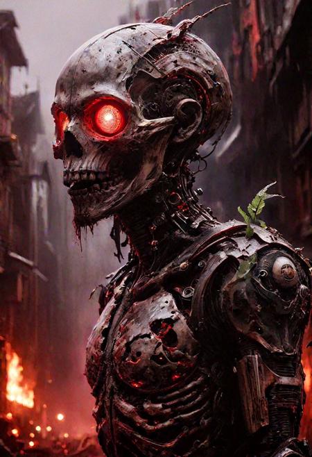 Judge of the Damned, cyborg, robot, scify, deus ex machine, skeletons on the background, 
weapon, blood, standing, blood on clothes, mask, giant, broken dream, mysterious atmospheric, 
red sky, cityscape, solo, full body, building, plant, city, ruins, death, fire, 
red theme, pink theme, orange theme, 
art by Carne Griffiths and Wadim Kashin
scenery, highly detailed face, best quality, masterpiece, photo realistic, highly detailed, approaching perfection, dynamic, cinematic