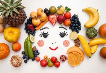Various types of fruits are placed on a table, where the overall pattern is forming a cute girl’s face in an abstract style.